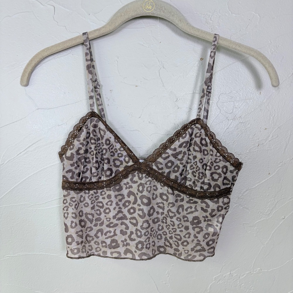 Hyfve Leopard Print Mesh Cami Crop Top Women S Brown Lace‎ Trim  Indie Sleaze